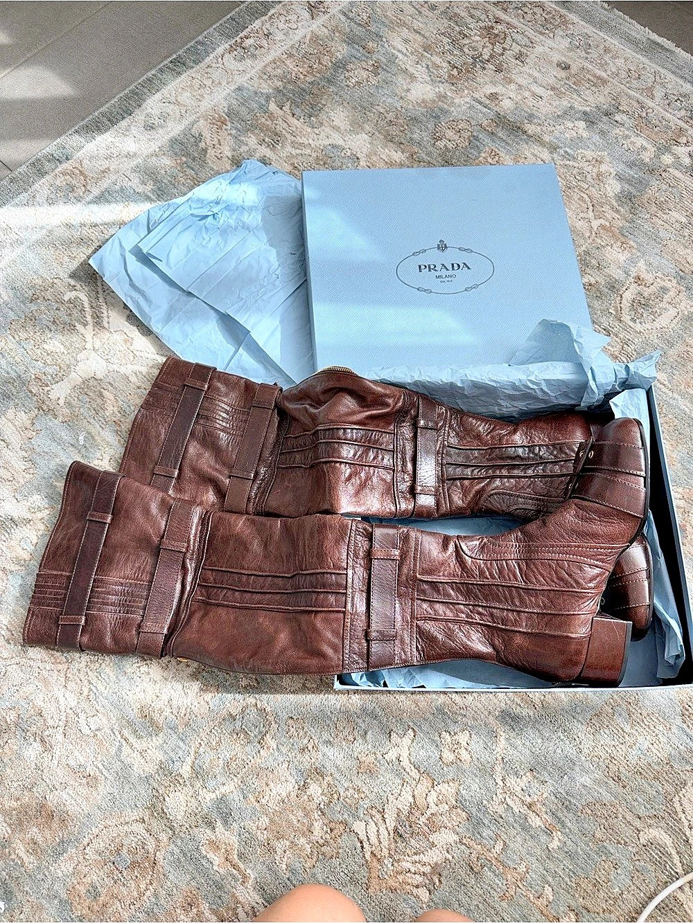 Runway Prada Capra Leather Over-The-Knee Tall Low Heel Boots Brown Size 37 EU - Picture 9 of 17